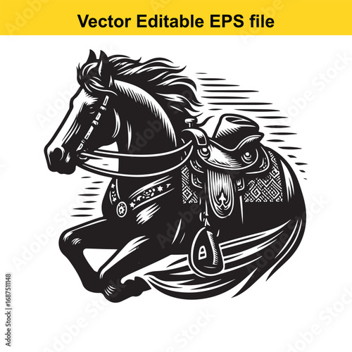  black and white illustration of a horse with a saddle and cowboy hat