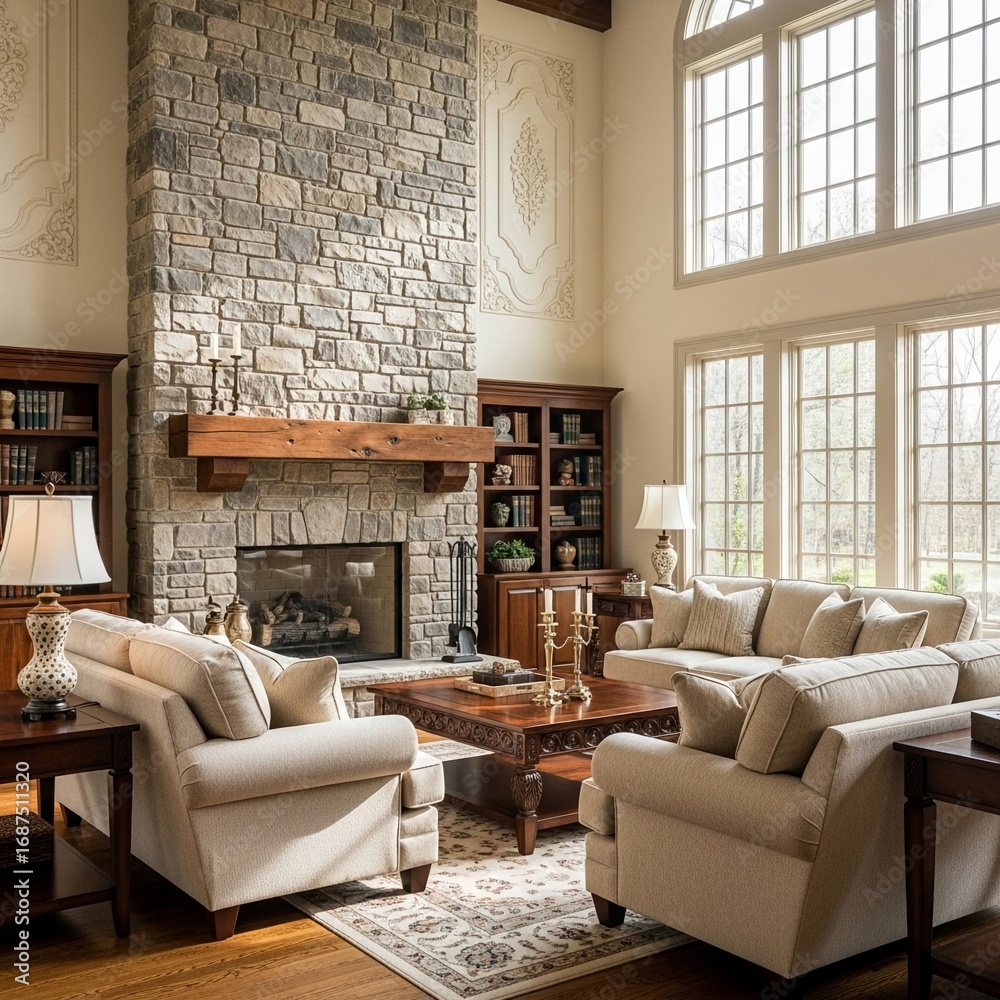 Obraz premium Luxurious Great Room Interior with Cozy Furniture and Grand Stone Fireplace