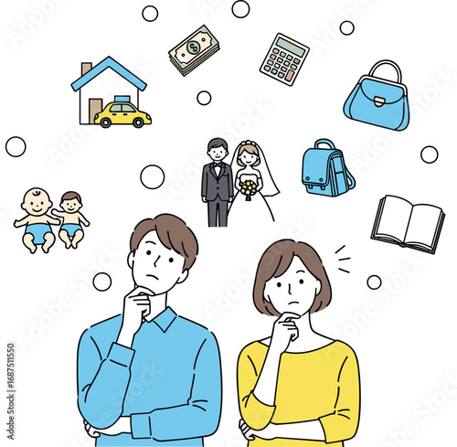 Life planning, financial decision making, couple thinking, budget management, marriage preparation, family planning, housing choice, education cost, savings goal, cad drawing flat vector illustration