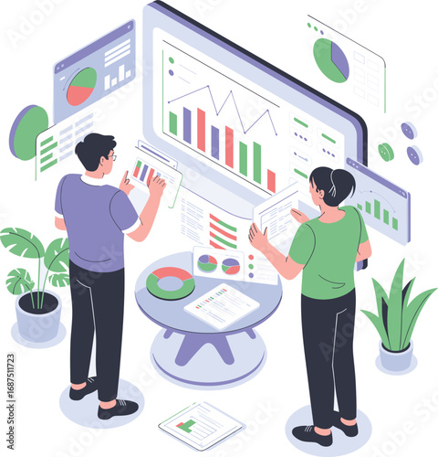 People Characters Working with Data Visualization at Laptop. Man and Woman Analyzing Tables,Charts and Graphs at Business Dashboard. Digital Data Analysis Concept. Flat Isometric Vector Illustration o