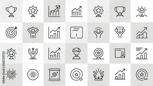 Collection of success related line icons illustrating achievement growth target and recognition for diverse business needs