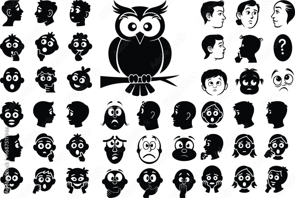 Obraz premium Black Curious Face Silhouette Icon Vector Set Curious Expression Face Icon Black Silhouette Design