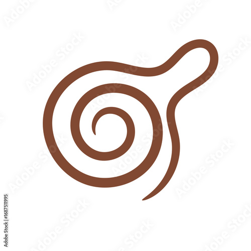 Brown spiral-shaped graphic resembling a parasitic worm or a stylized biological structure.