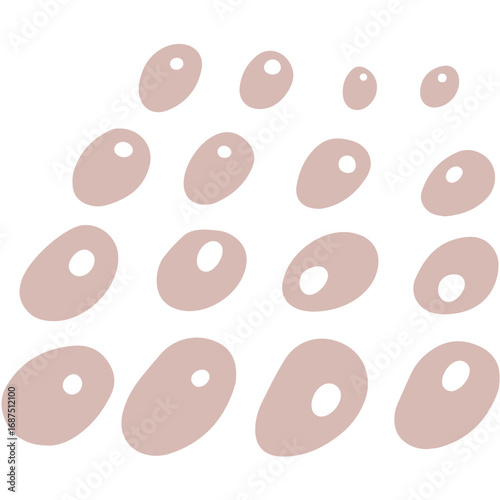 A collection of abstract, oval shapes in varying sizes and shades of pink, some with white centers, arranged in a diagonal pattern.