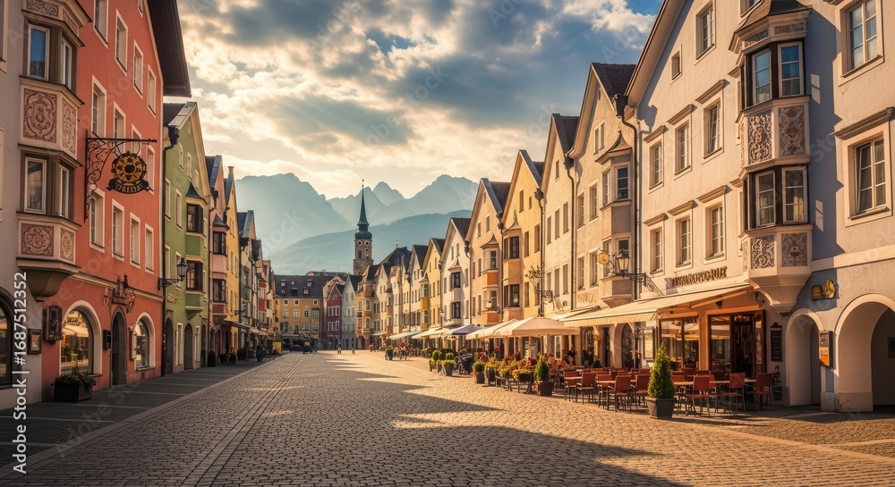 Fototapeta premium Cobblestone street in old town with colorful houses and distant mountains. European architecture travel destination for historical tour.