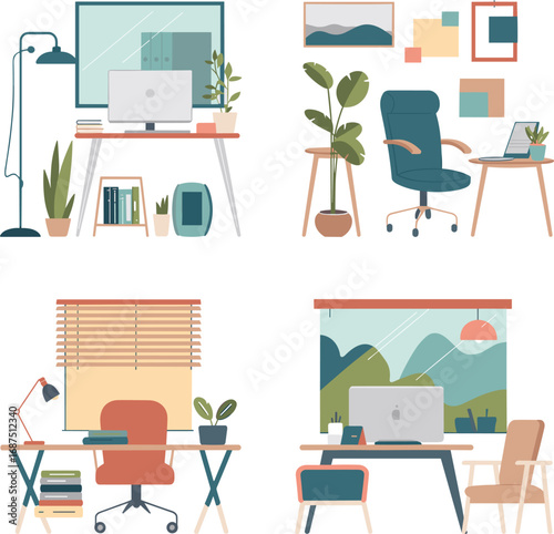 set of Modern Workplace Interior Vector Illustration on white background
