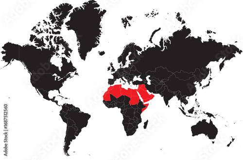 Arab League Countries Highlighted on World Map Silhouette Editable High Detail