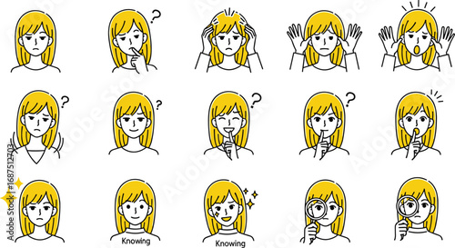 Cartoon girl expressions set, emotional faces, character gestures, mood icons, facial emotions, thinking and surprise, sadness and happiness, investigation concept, reaction illustration, emotion pack