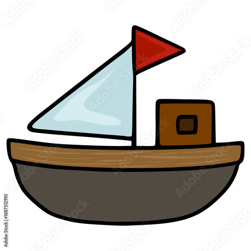 Charming vector illustration of a simple cartoon sailboat with a red flag, featuring a brown hull and a light blue sail, perfect for childrens books or nautical-themed designs.