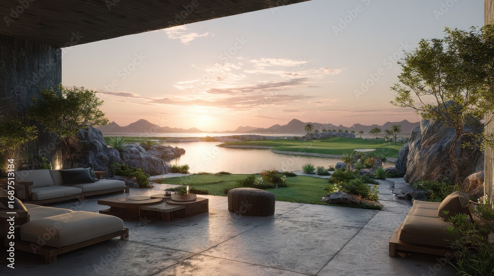 Fototapeta premium luxury resort patio sunset golf course view