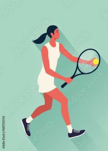 Tennis Player in Action: A tennis player poised with racket and ball on a light green background, a display of agility and competitive spirit. 