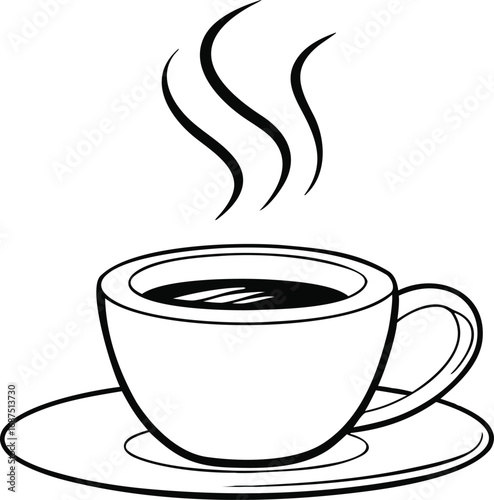 Black and white illustration of a steaming coffee cup on a saucer with steam rising upwards from the hot beverage