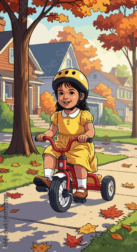 Latino Girl Riding Tricycle on Sidewalk – Cheerful Vector Illustration
