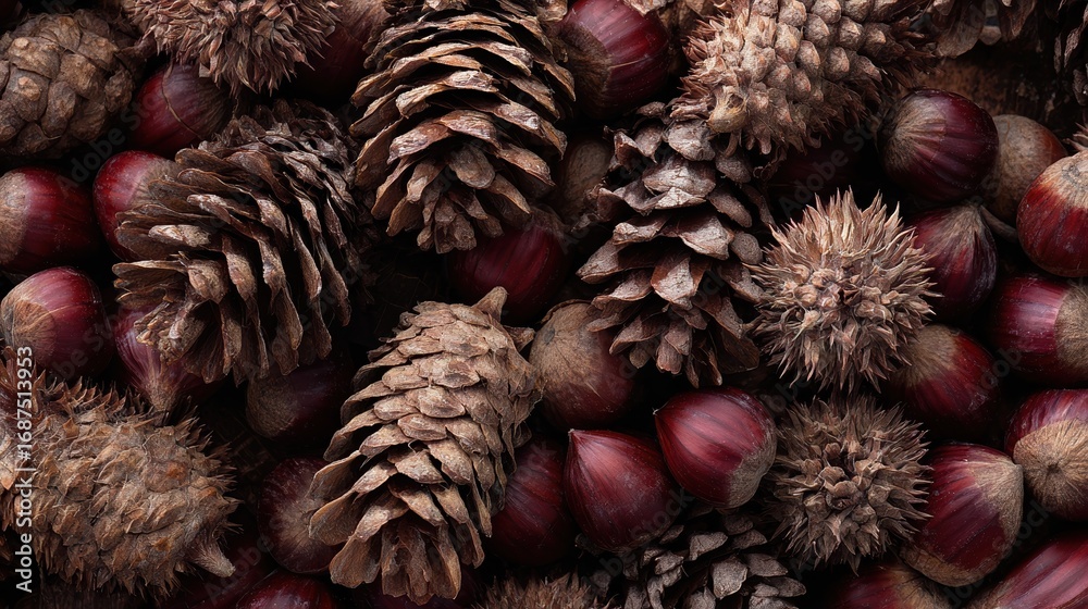 Fototapeta premium a top view of chestnuts with pine cones no logos no brands ar 169
