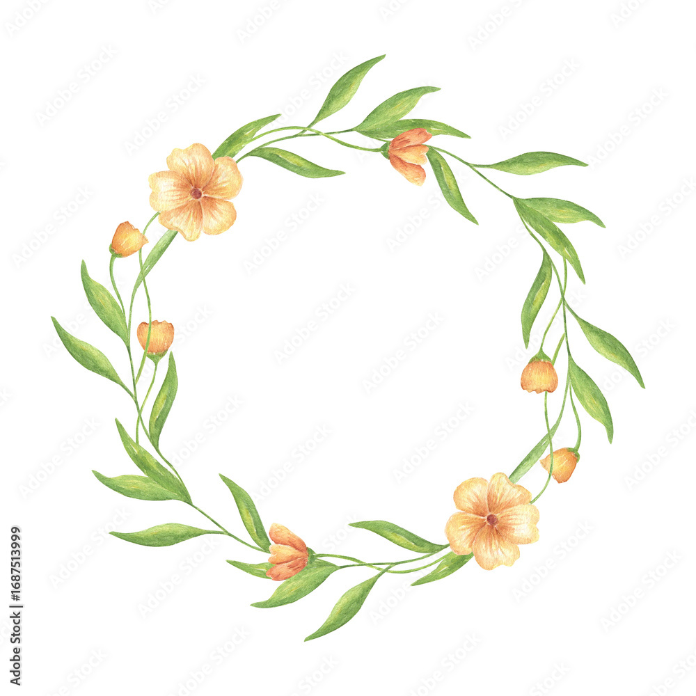 Obraz premium Round flower wreath with orange violets. Yellow wildflowers with greenery. Watercolor wreath with space for text, for wedding invitations, holiday cards, and birthday greetings.