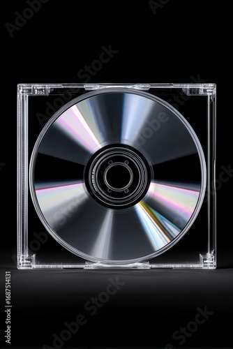 A clear CD jewel case containing a reflective compact disc, frontally shot against a black background, evoking Y2K aesthetics.