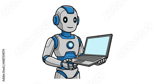Friendly Robot with Laptop, Digital Assistant.