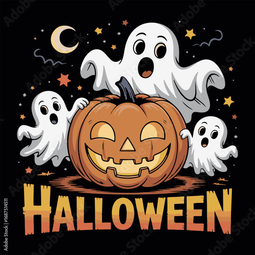 Three cartoon ghosts and a jack-o-lantern on black background