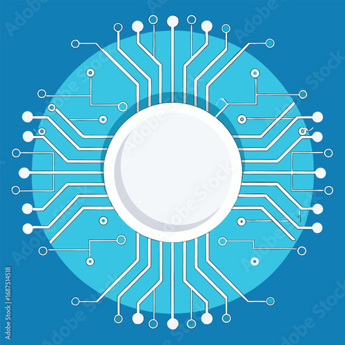 A circular circuit board design depicting modern technology and digitalization concepts in a clean and minimalist style
