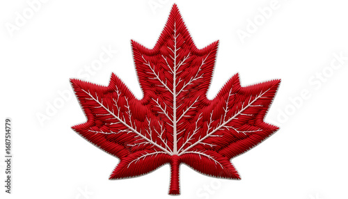Embroidered Red Maple Leaf Patch – Detailed Symmetrical Leaf with White Outline Isolated on Transparent Background
