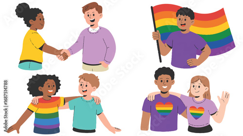 Diverse Group of Friends Supporting LGBT Rights and Pride with Handshakes Hugs and Flags