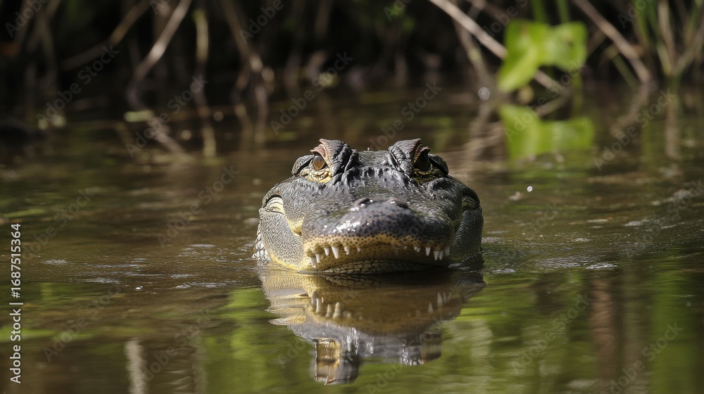 Obraz premium Alligator emerging from murky water, reflecting its image in tranquil surface