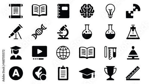 Education science and technology icons set black isolated symbols school and university knowledge research vector illustration