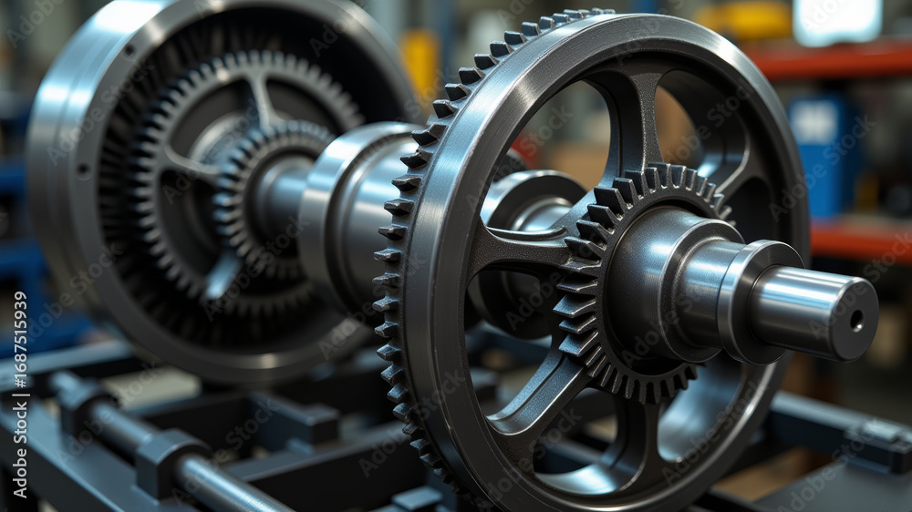 Fototapeta premium High detail view of dual gear wheels inside engine block showing mechanical synchronization and precision engineering design