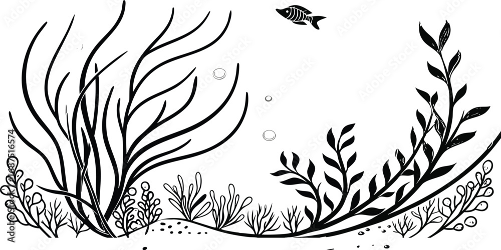 Obraz premium Black and white illustration of underwater scene with seaweed plants bubbles and a fish swimming in the ocean