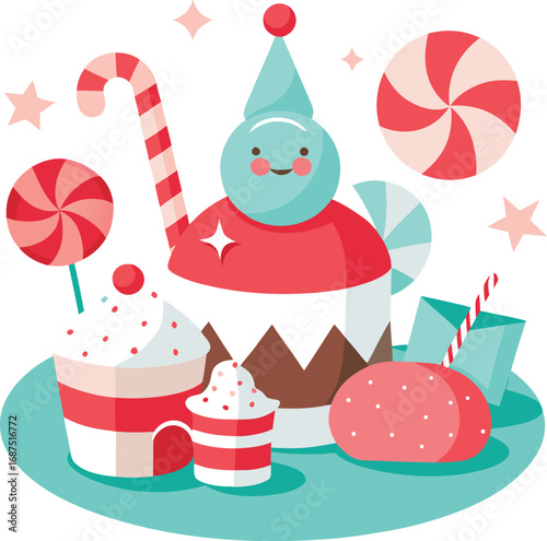 Whimsical Candy Land Illustration with Cupcakes Lollipops and Festive Holiday Sweets