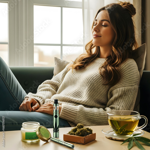 Wallpaper Mural Cozy relaxation with cannabis. Woman relaxing at home with cannabis products. Peaceful moment with herbal vapor and tea Torontodigital.ca
