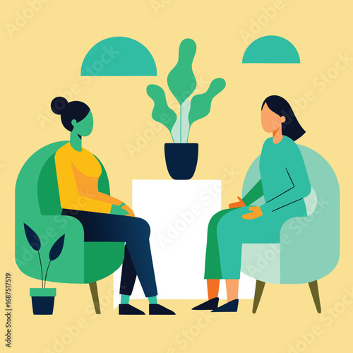 Illustration of Two Individuals in Therapy Meeting with Armchairs and Plants Creating a Calming and Supportive Atmosphere for Conversation