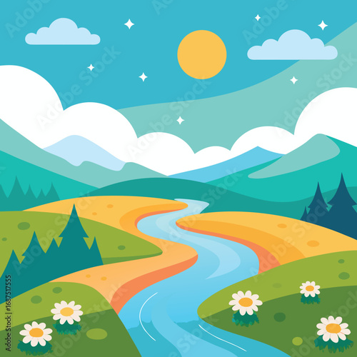Vibrant Landscape Illustration Featuring a Winding River, Rolling Hills, Lush Greenery, Daisies, and a Bright Yellow Sun in a Blue Sky