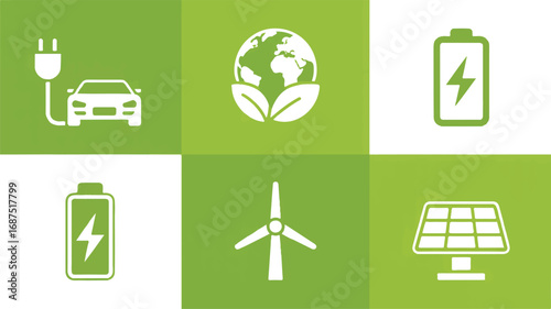Renewable energy sources icons on green background promoting environmental sustainability for a greener future