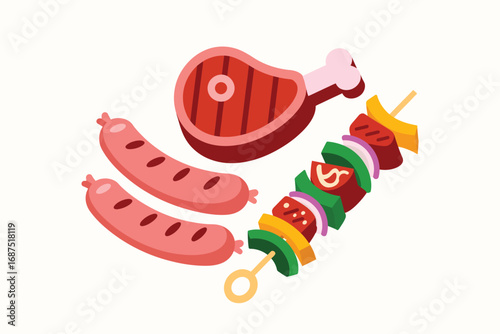 Delicious barbecue food assortment with meat steak sausages and skewers