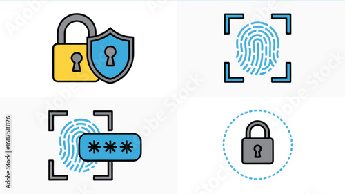 Security icons showcasing data protection measures and fingerprint recognition technology for digital safety