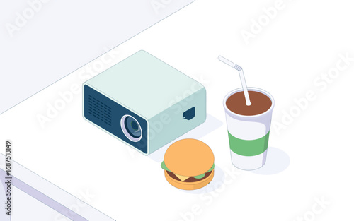 Isometric projector hamburger and soda cup on a white surface
