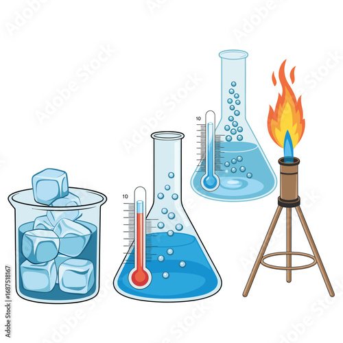 Science experiment showing ice water boiling liquid and flame