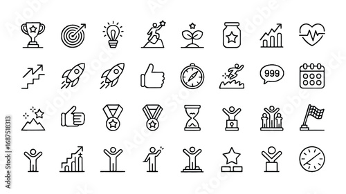 Set of business goal achievement icons success motivation and leadership outline vector illustration