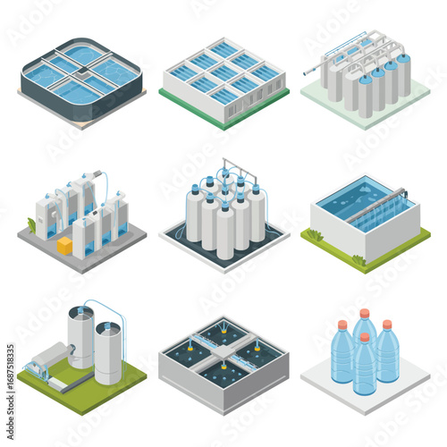 Isometric illustrations of industrial water treatment and purification systems