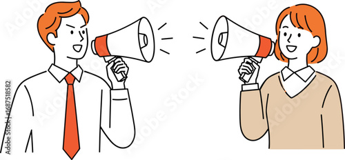Man and woman speaking into megaphones, communication and debate concept, flat vector illustration, public speaking and conflict resolution character design set