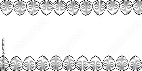 Black and white seashell border design with repeating scallop shell pattern on top and bottom edges with white space in the center