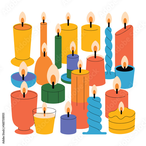 Collection of colorful stylized candles with flickering flames