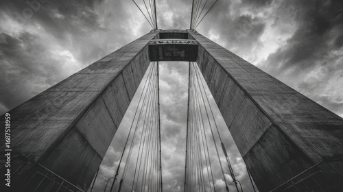 monochrome upward view of a large suspension bridge with tall concrete towers and steel cables extending into a cloudy sky evoking a sense of strength and architectural elegance