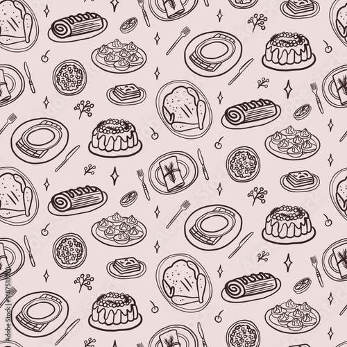 Seamless pattren. charming whimsical Christmas outline illustrations of festive food, tableware and drinks for invitations, greeting cards, menus, posters, products, blogs, web design