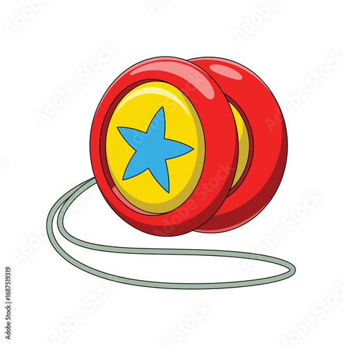Bright red yo yo toy with yellow center and blue star