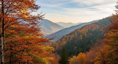 Autumnal mountain valley panorama.