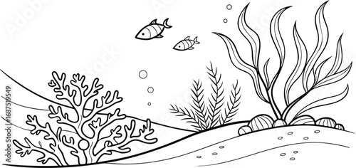 Black and white underwater scene illustration with fish seaweed coral bubbles and a sandy seabed in a minimalist style