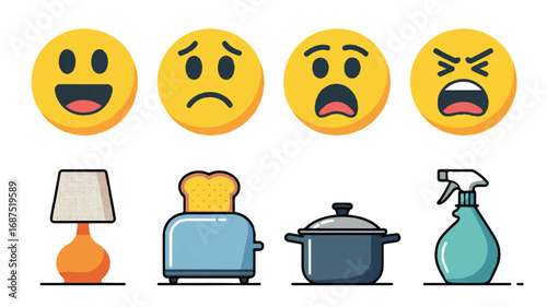 Vector illustration of diverse emoji faces and household objects creating a modern flat design concept