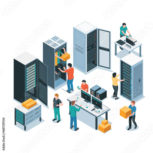 It professionals working in a server room with data racks and computers